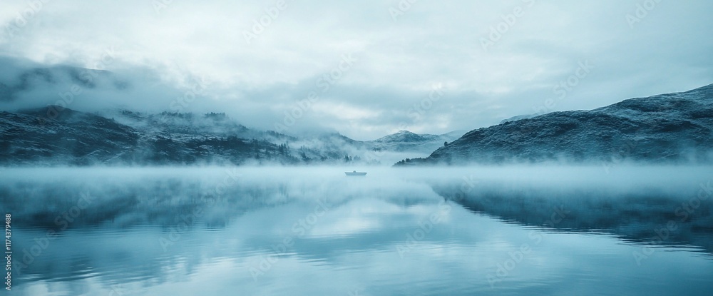 Fototapeta premium Misty lake reflecting mountains and a lone boat.