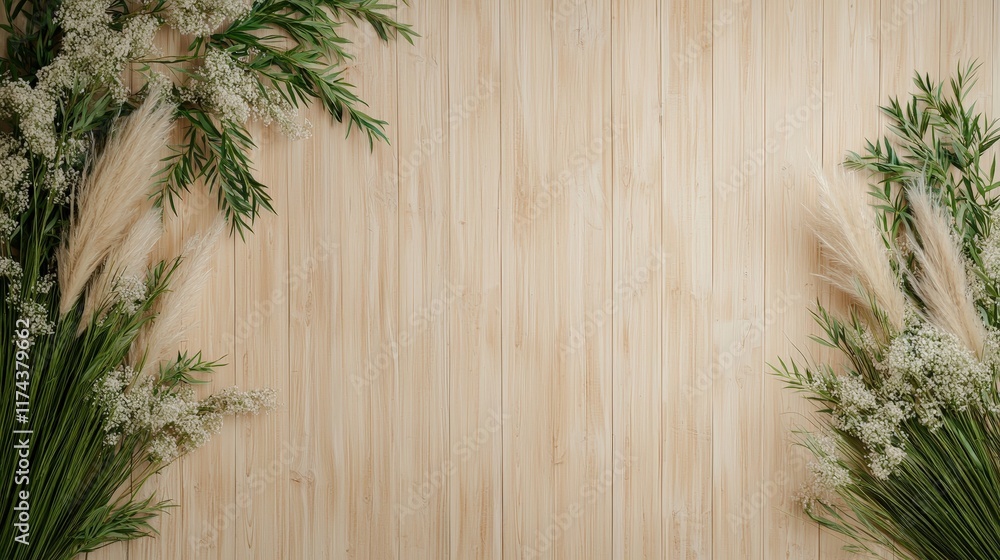 Natural Rustic Background with Greenery and Pampas Grass Natural Rustic Background with Greenery and Pampas Grass