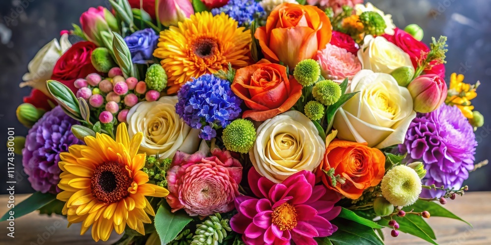 Colorful mix of fresh flowers arranged in a lush bouquet with various textures and hues, colorful, nature, colorful Colorful mix of fresh flowers arranged in a lush bouquet with various textures and hues, colorful, nature, colorful