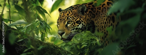 The elusive beauty of a jaguar stalking through the dense rainforest of the Amazon Basin, Wildlife scene, Naturalistic style photo