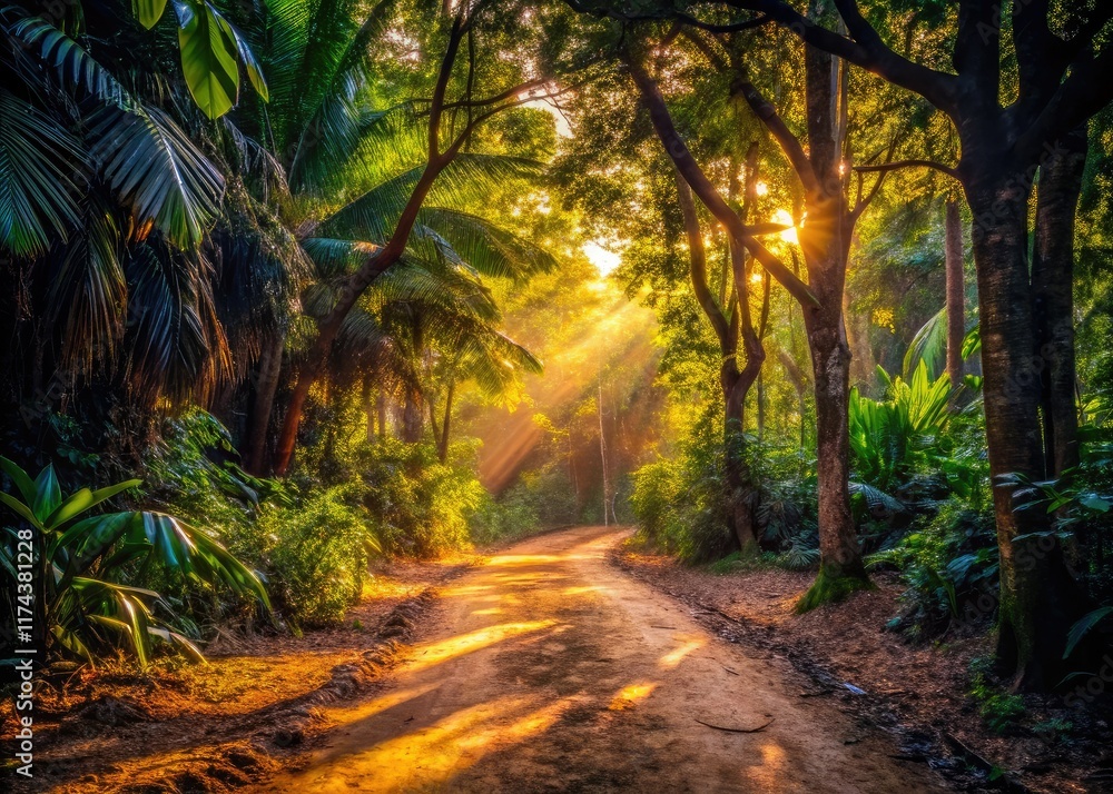 Warm Jungle Dirt Path, Tall Trees, Low Light Warm Jungle Dirt Path, Tall Trees, Low Light