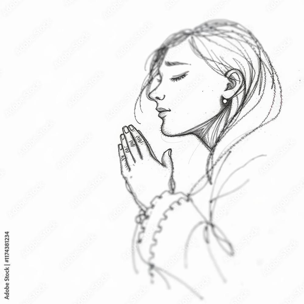 Cute girl praying with both hands wishing and giving thanks to God, sketch illustration drawn in pencil Cute girl praying with both hands wishing and giving thanks to God, sketch illustration drawn in pencil