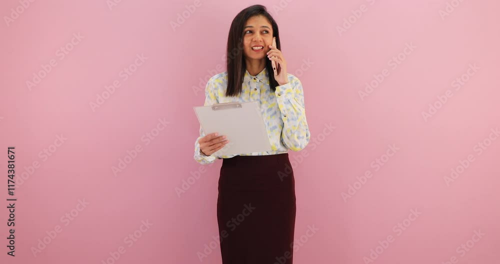 Beautiful happy young asian woman holding clipboard talking on smart phone and smiling isolated over pink background. Beautiful happy young asian woman holding clipboard talking on smart phone and smiling isolated over pink background.
