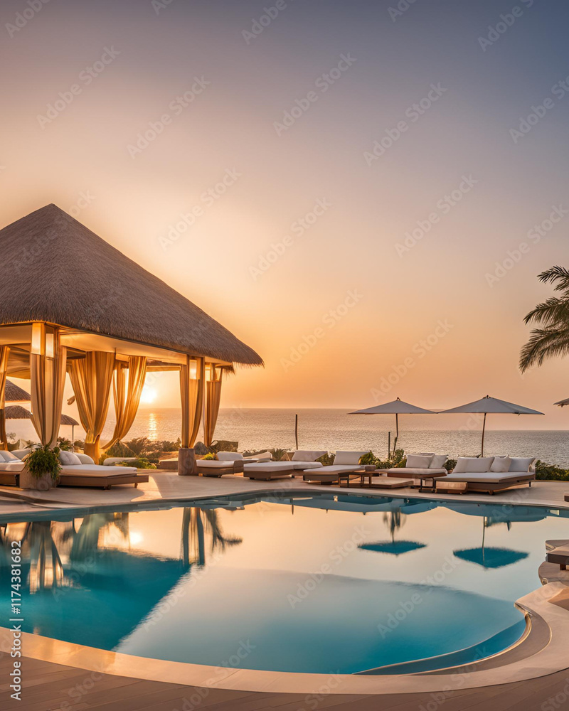Fototapeta premium luxurious, tropical resort, resort setting, exotic destination, paradise, oceanfront resort, lush greenery, palm trees, infinity pool, beachfront property, tropical vibes, serene escape, private villa