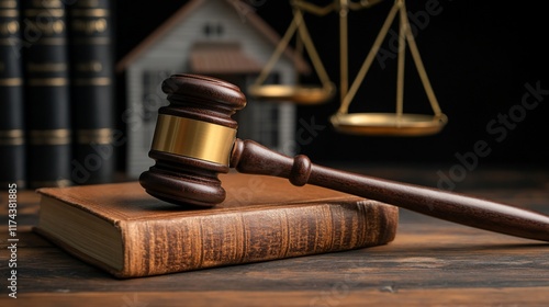 A gavel rests on a law book, symbolizing justice and legal authority. photo