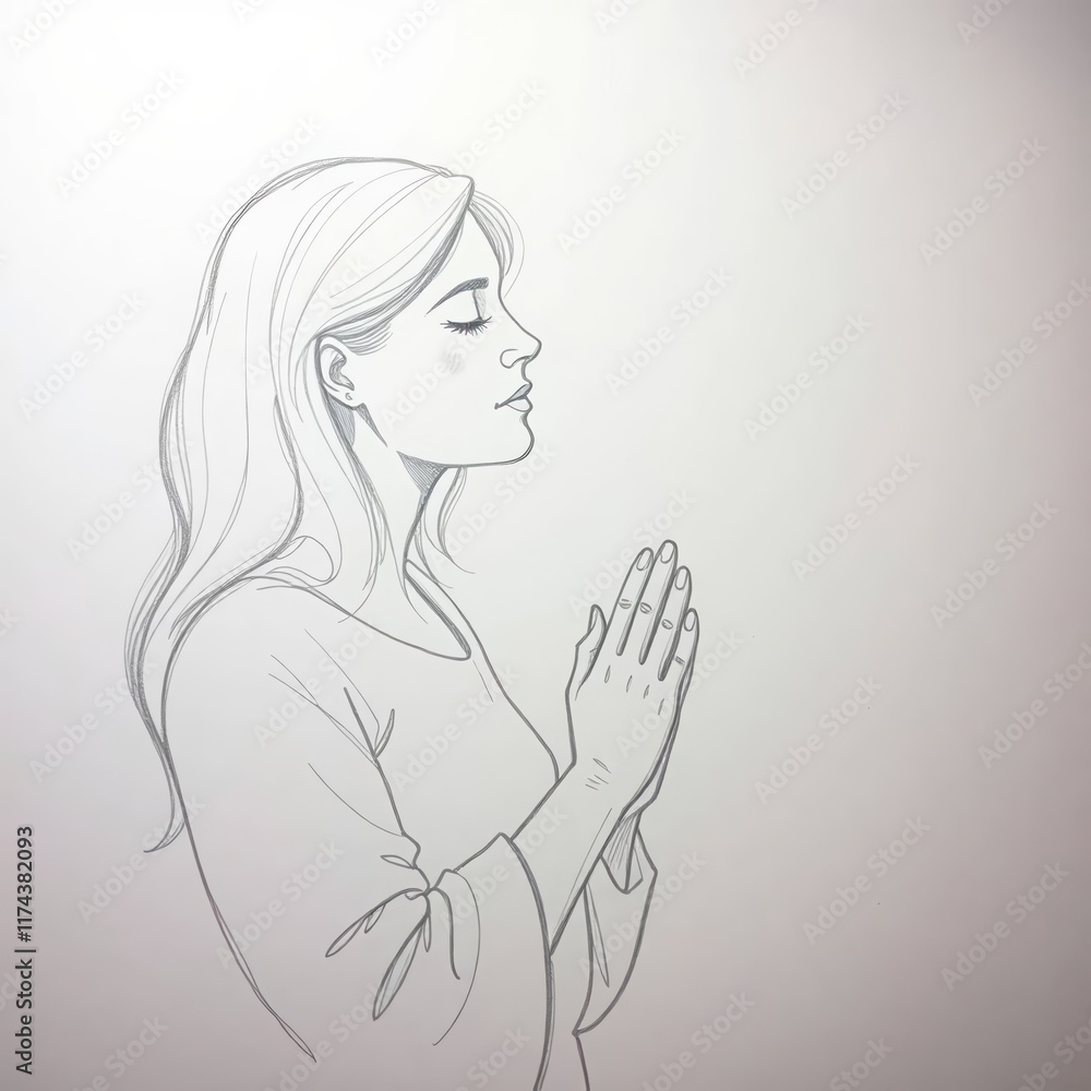Cute girl praying with both hands wishing and giving thanks to God, sketch illustration drawn in pencil Cute girl praying with both hands wishing and giving thanks to God, sketch illustration drawn in pencil