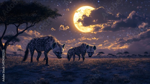 African Savanna Night: Hyenas Under a Full Moon