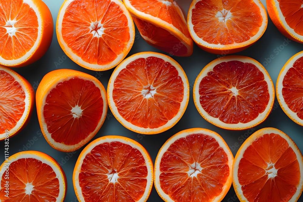 A vibrant arrangement of halved oranges showcasing their juicy interiors. A vibrant arrangement of halved oranges showcasing their juicy interiors.