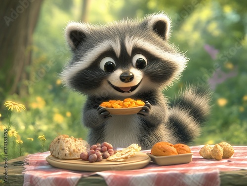 A cute raccoon with a big smile holds a bowl of food while sitting at a picnic table with other food around it. photo