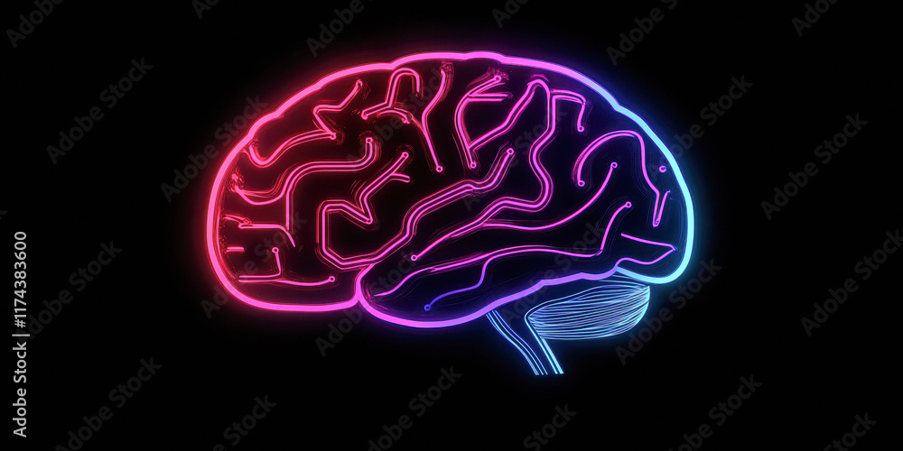 A brain with neon colors is displayed on a black background A brain with neon colors is displayed on a black background