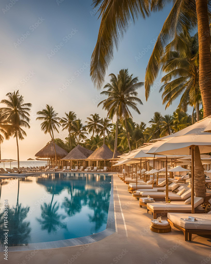 Fototapeta premium luxurious resort, tropical paradise, beachfront retreat, private villa, tropical resort, luxury vacation, oceanfront property, panoramic views, exotic getaway, serene escape, resort lifestyle, infinit