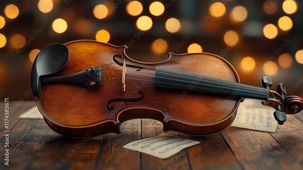 Fototapeta premium Violin on Wooden Surface with Sheet Music and Festive Lights