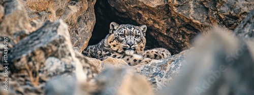 The elusive beauty of a snow leopard camouflaged against rocky terrain in the Himalayas, Wildlife scene, Naturalistic style photo