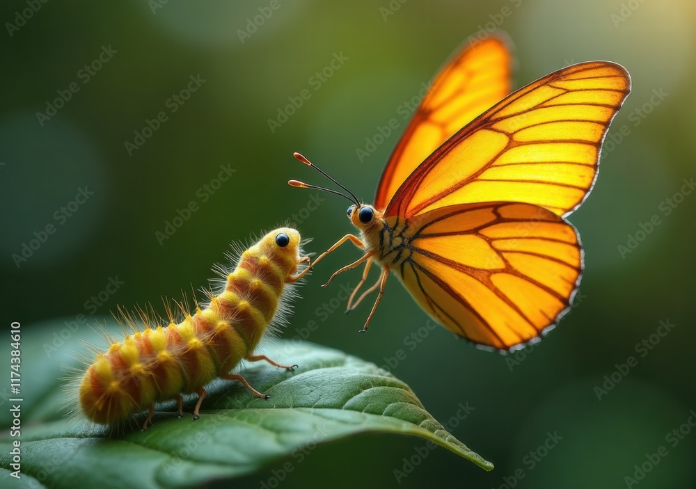 Bright butterfly interacts with vibrant caterpillar in natural habitat during daylight Bright butterfly interacts with vibrant caterpillar in natural habitat during daylight