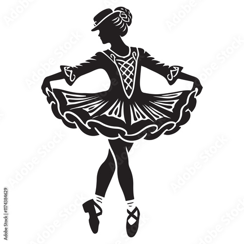 Irish Dance Silhouette Vector Illustration, Solid White Background.