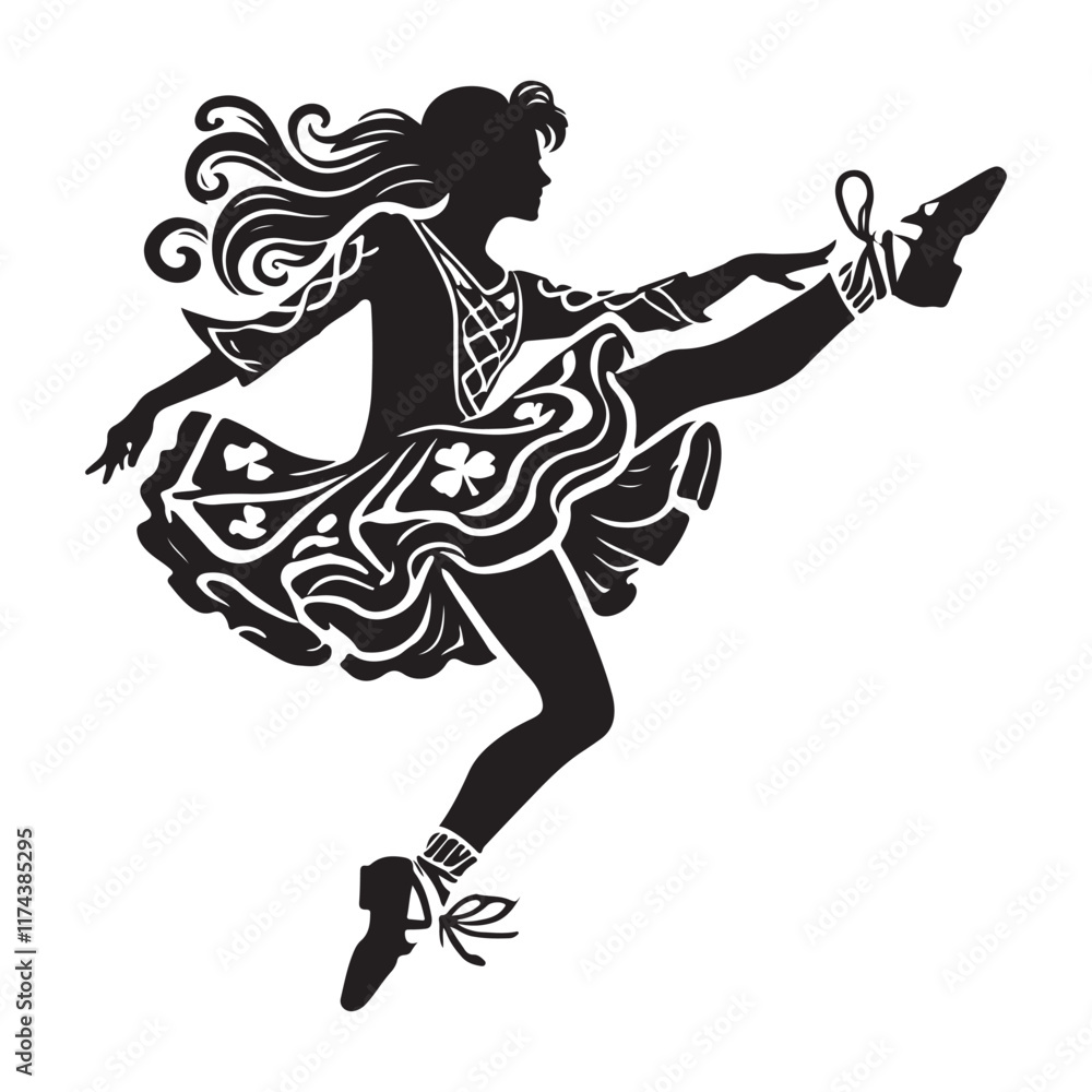 Fototapeta premium Irish Dance Silhouette Vector Illustration, Solid White Background.