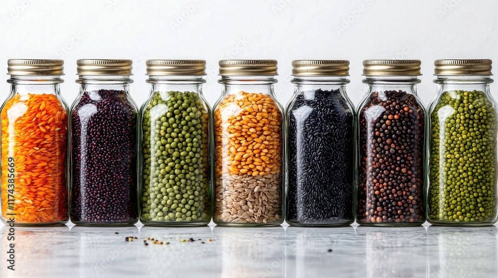 Colorful Grains and Seeds in Glass Jars Displayed on a Light Background Colorful Grains and Seeds in Glass Jars Displayed on a Light Background