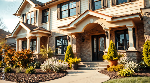 Fototapeta Naklejka Na Ścianę i Meble -  Exterior View of Two-Story House with Landscaping