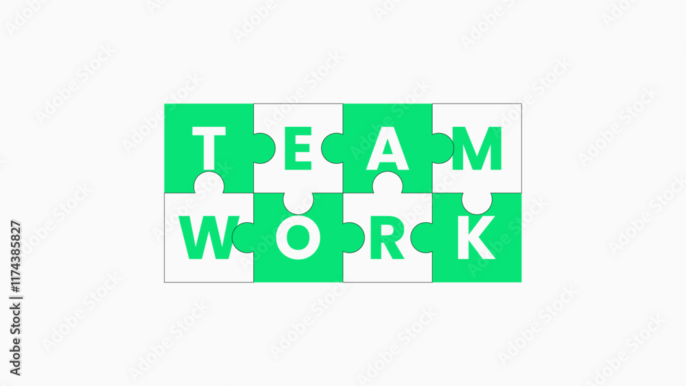 Creative teamwork illustration featuring the word 'TEAMWORK' formed with puzzle pieces in green and white colors, symbolizing collaboration and unity. Creative teamwork illustration featuring the word 'TEAMWORK' formed with puzzle pieces in green and white colors, symbolizing collaboration and unity.