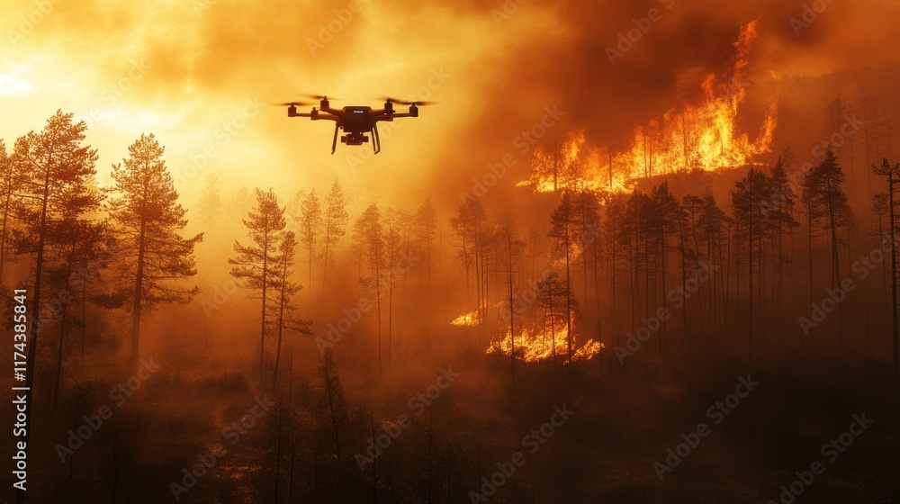 Naklejka premium Drones fly through a smoky forest, their fire-retardant chemicals creating a protective barrier over vulnerable areas.