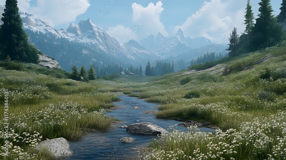 Serene Mountain Valley Stream Flowing Through Wildflowers Serene Mountain Valley Stream Flowing Through Wildflowers
