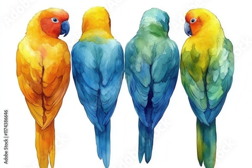 A watercolor illustration of four colorful parrots viewed from behind.