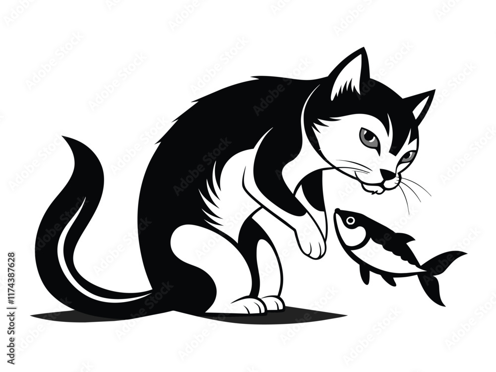 Obraz premium the-cat-is-eating-fish black-and-white.eps