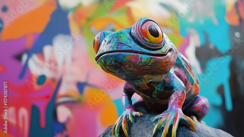 Colorful Frog Sculpture on Graffiti Wall photo