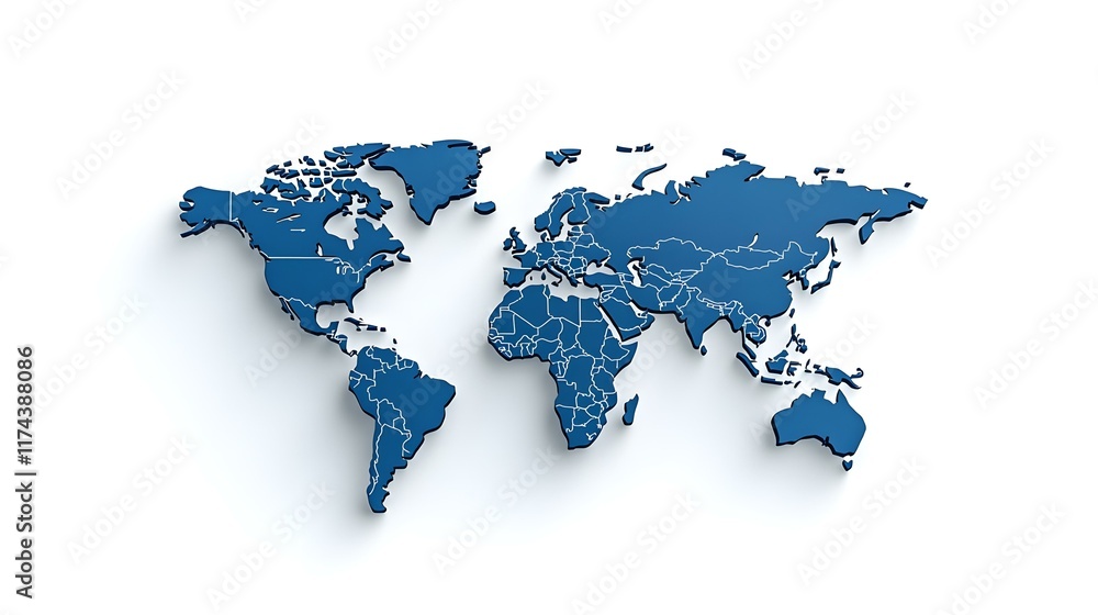 3D Rendered Blue World Map with Geographical Boundaries and Details