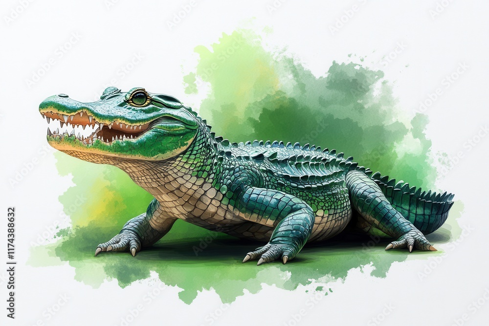 Obraz premium A stylized crocodile illustration with vibrant colors and artistic splashes in the background.
