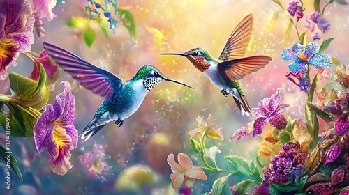 Hummingbirds in a vibrant floral paradise: A breathtaking digital artwork showcasing two hummingbirds amidst a profusion of colorful orchids and flowers, bathed in soft, magical light.