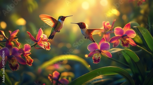 Hummingbirds and Orchids in Golden Hour