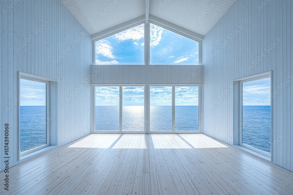 Obraz premium Modern coastal interior with panoramic ocean views