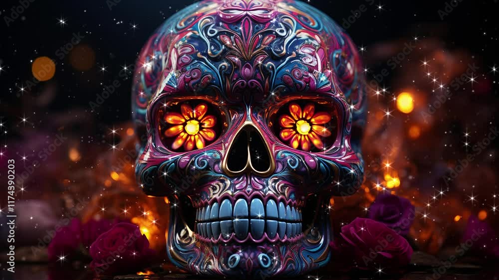 Looped background. Floral skull. Looped effect. Looped particles. Generated AI. Looped background. Floral skull. Looped effect. Looped particles. Generated AI.