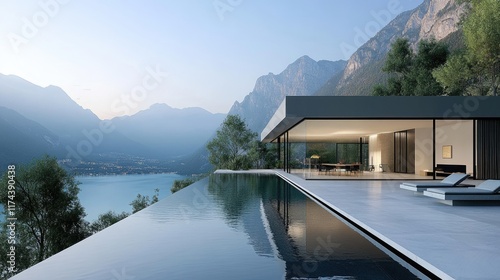 Modern villa with stunning lake and mountain views at dusk
