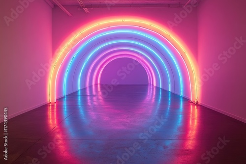 Vibrant neon rainbow installation in modern art space photo