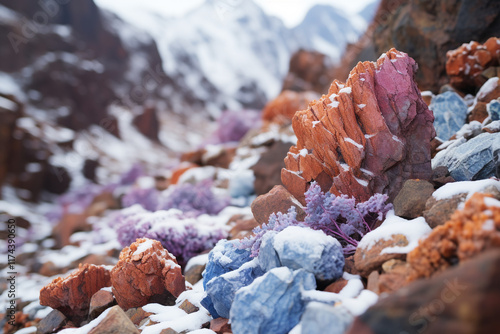 snow, with its ethereal touch, breathes life into mountain landscape, painting a mesmerizing tableau of stark white against rugged rocks and resplendent hues of nature photo