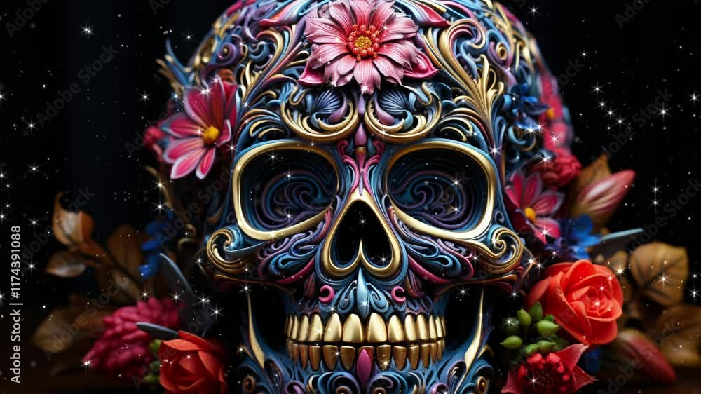 Looped background. Floral skull. Looped effect. Looped particles. Generated AI. Looped background. Floral skull. Looped effect. Looped particles. Generated AI.