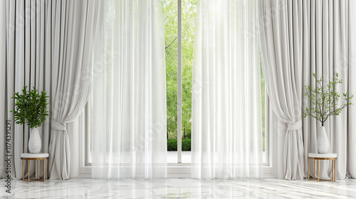 Tranquil Elegance: Sunlit White Curtains Framing a Verdant View