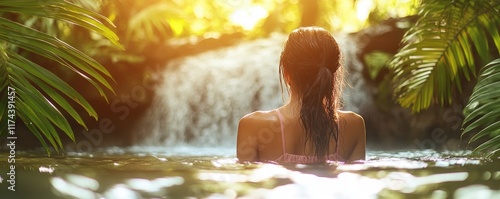 Serene woman enjoying a tropical waterfall retreat