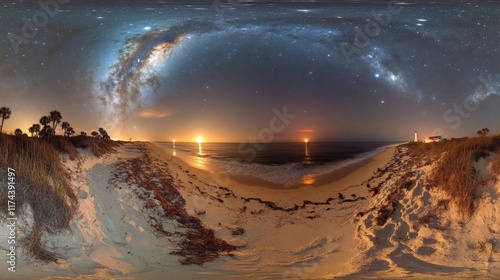 Night sky panorama over ocean beach with Milky Way galaxy, sand dunes, lighthouse, and moon.