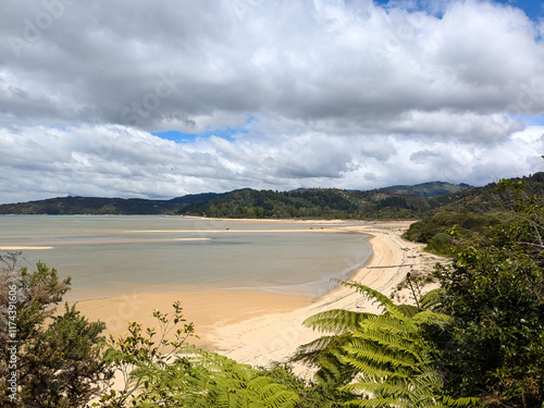 The rugged coast and beaches of the Abel Tasman Park in New Zealand photo