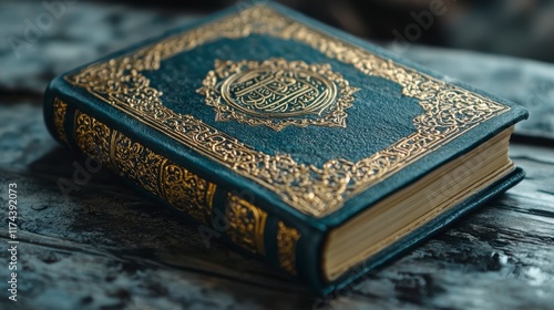 Teal Quran with gold detailing rests on rustic wood. photo