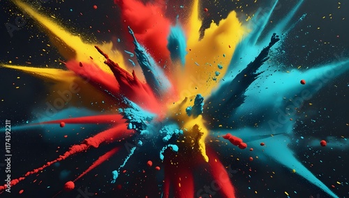 Abstract color explosion with splashes of red, yellow, and blue on a dark background. Perfect for energy, creativity, and vibrant branding visuals.