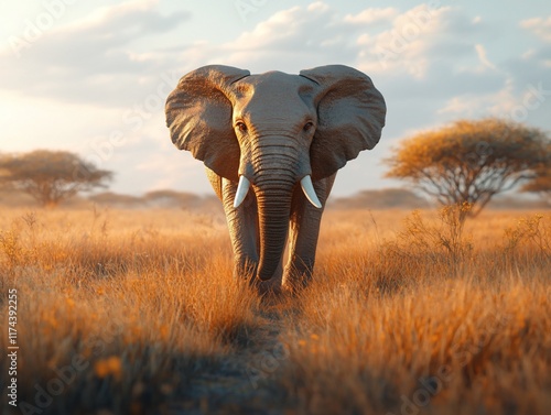 An African elephant walks through tall grass in the savanna, with acacia trees in the background and a golden sunset in the sky. photo