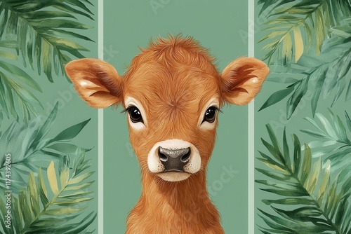 A cute calf surrounded by tropical leaves, showcasing a playful and vibrant design. photo