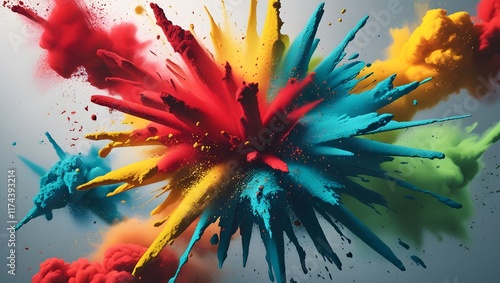 Vivid powder explosion in red, blue, and yellow tones, offering a bold and dynamic abstract background for creative projects and visual storytelling.