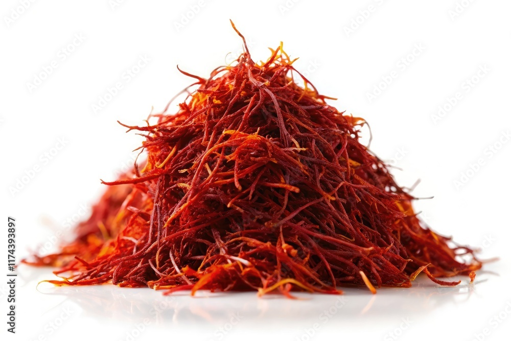 Naklejka premium Saffron Silhouette Photography: Dried Red Saffron Pile Isolated on White Background