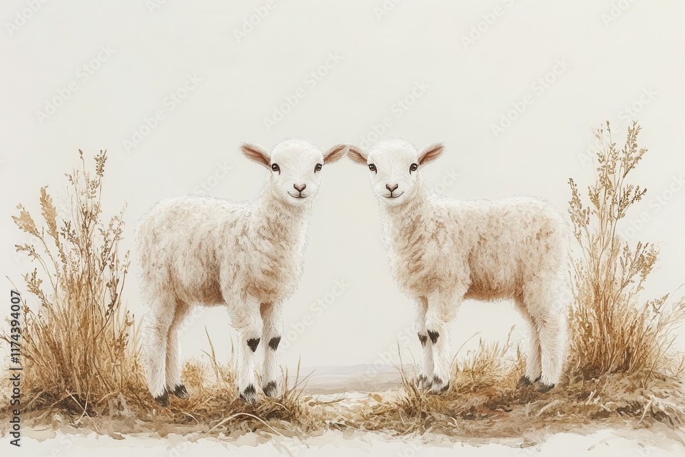 Two adorable lambs stand amidst soft grass, evoking a serene, pastoral scene.