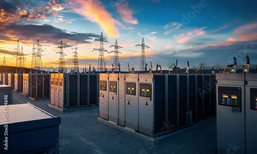 Industrial energy storage facility at sunset with power lines in the background.